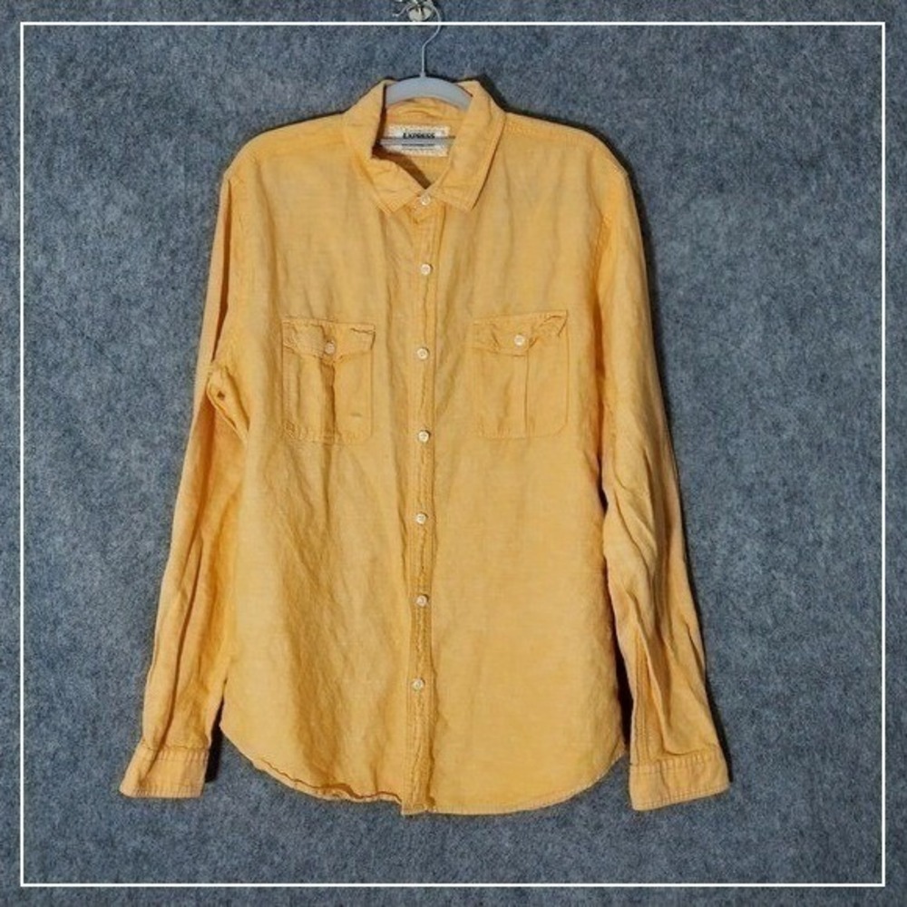 Express Shirt Men L Orange Linen Button Front Long Sleeve Coastal Resort Preppy